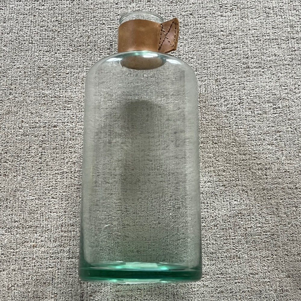 Magnolia Glass‎ Vase Medium Leather Collar Clear Green Tint Made in Spain 9.5in